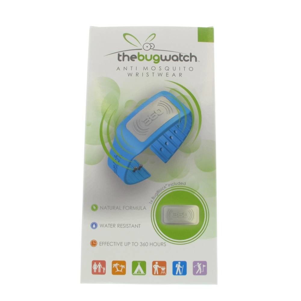Emballage avec bracelet bleu. Texte : thebugwatch, Anti Mosquito Wristwear. Formule naturelle, résistant à l'eau, efficace jusqu'à 360 heures.