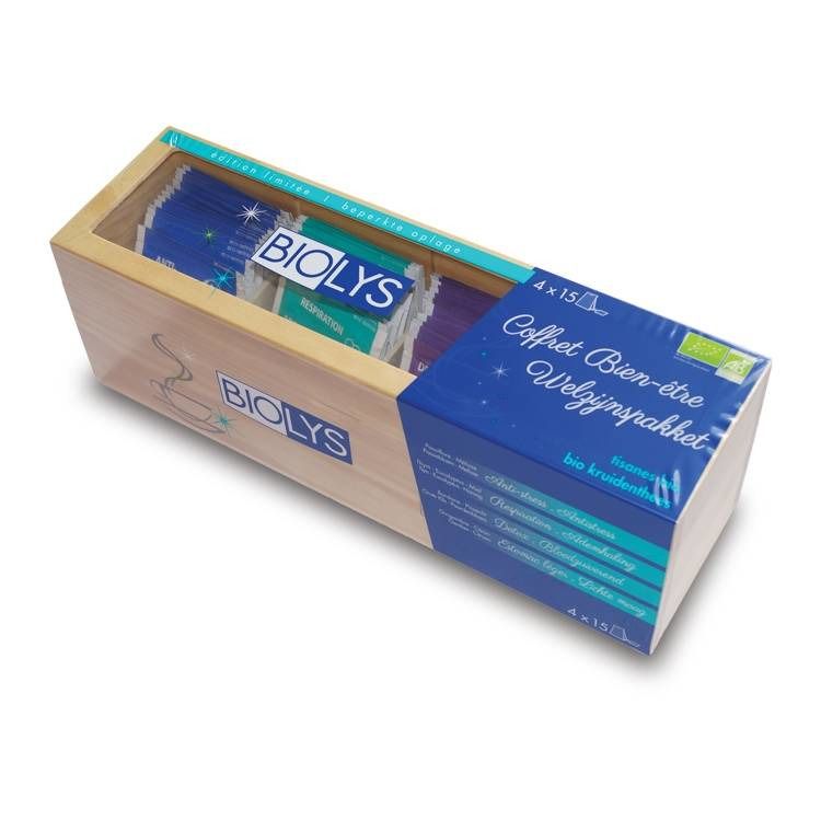 Coffret en bois avec sachets de thé. Inscription Biolys. Emballage avec inscription "Coffret Bien-être". Certification bio.