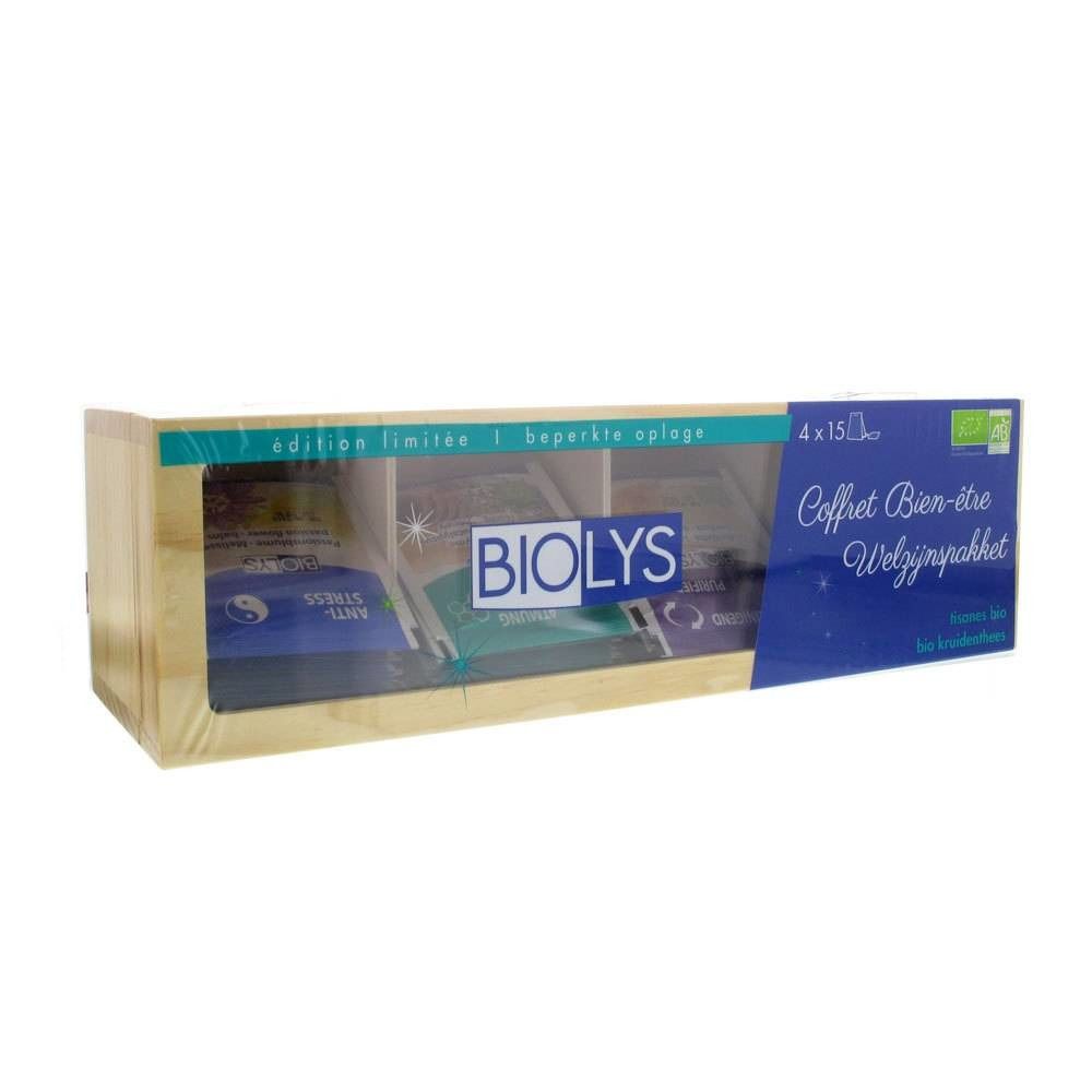 Coffret en bois avec sachets de thé. Inscription Biolys. Emballage "Coffret Bien-être". Certification bio. "Edition limitée".