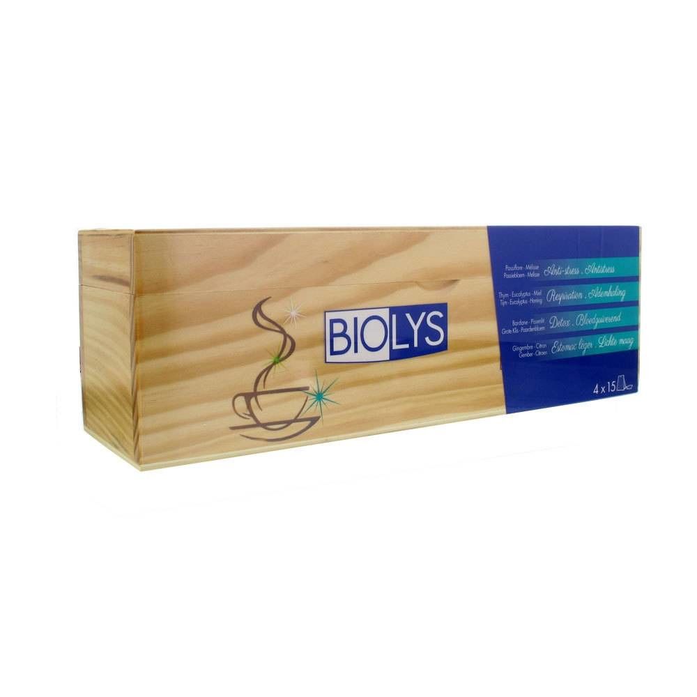 Coffret en bois avec sachets de thé. Inscription Biolys. Emballage "Coffret Bien-être". 4x15 sachets. Certification bio.