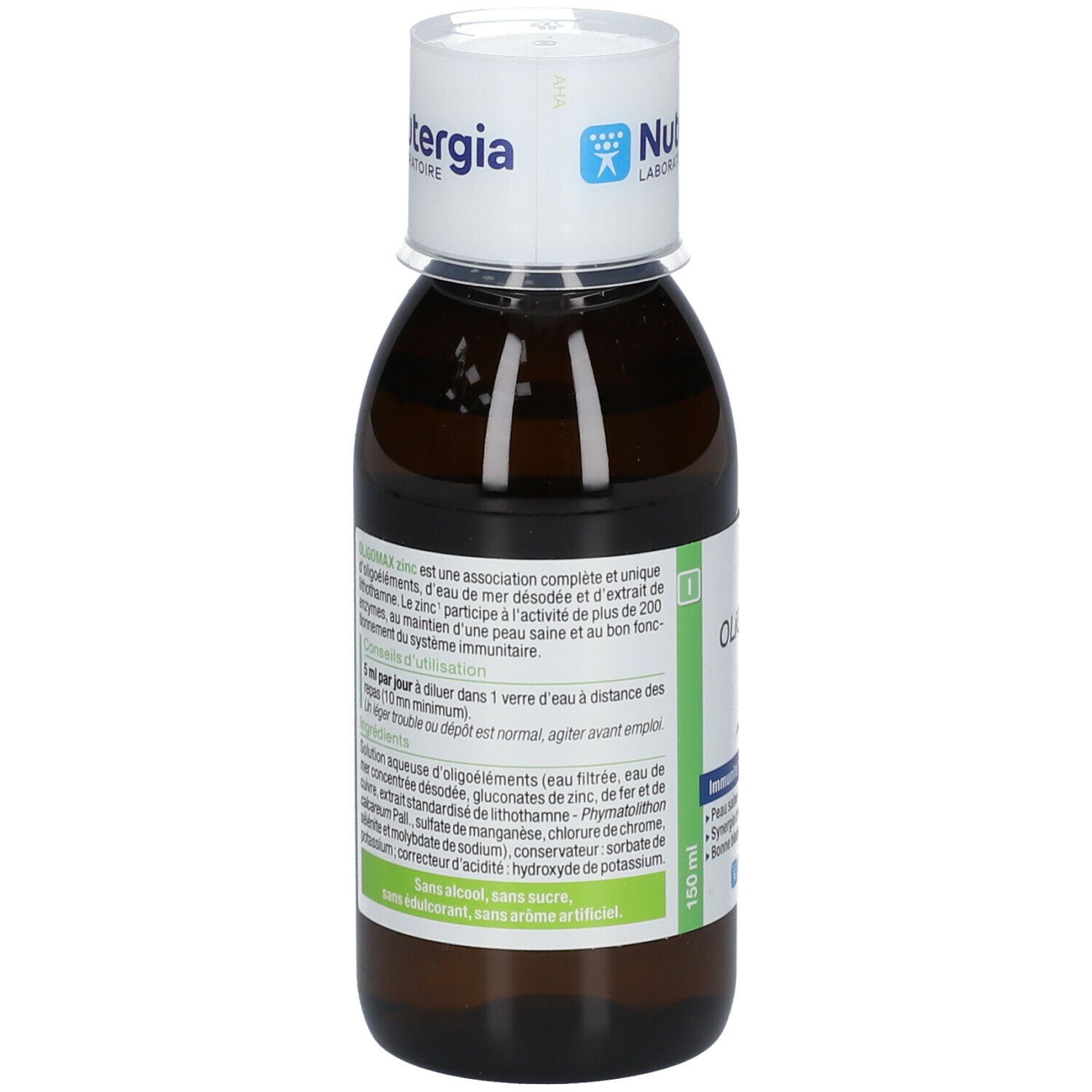 Flacon en verre brun avec bouchon blanc. Étiquette avec Oligomax zinc. Marque: Nutergia. 150 ml.