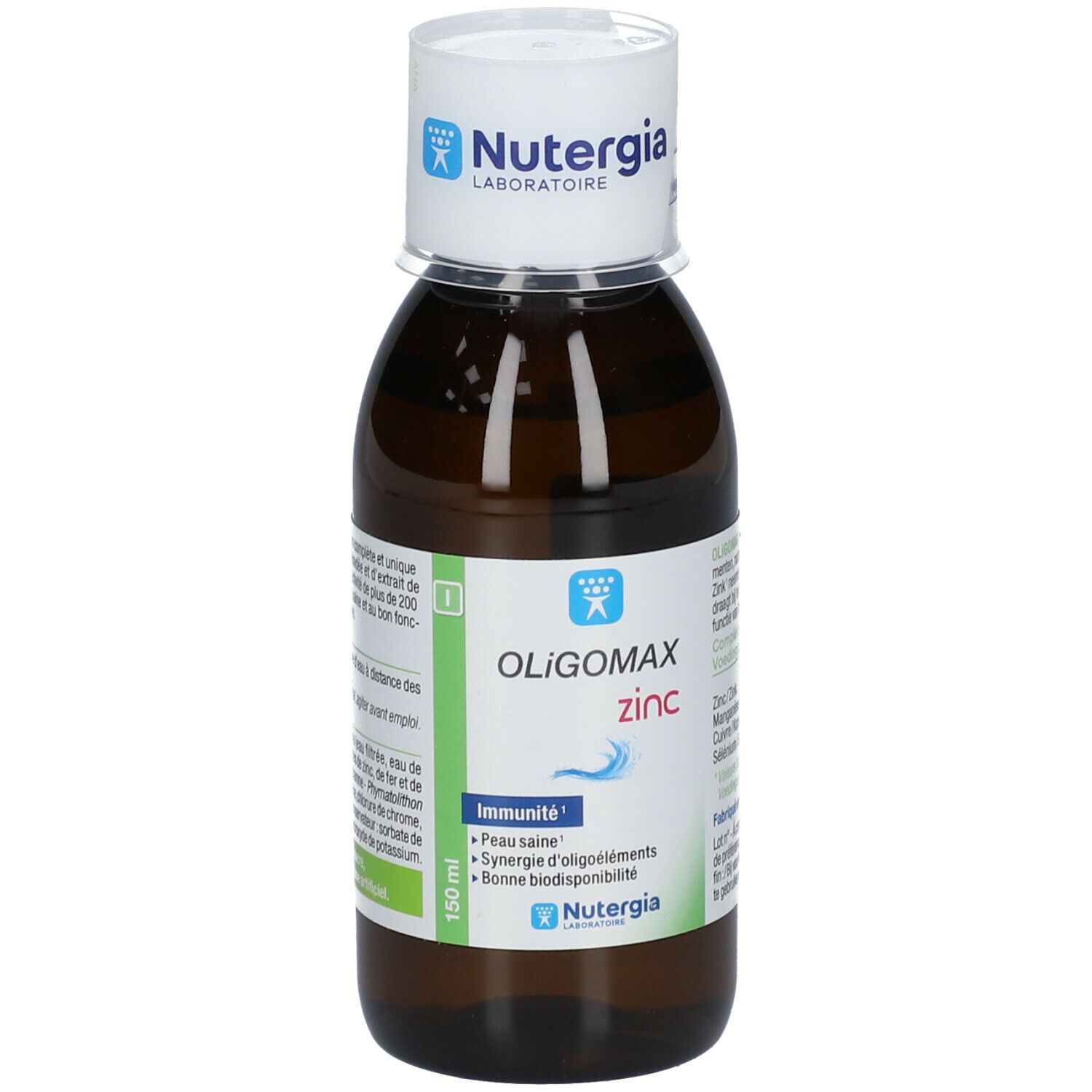 Flacon en verre brun avec bouchon blanc. Étiquette avec Oligomax zinc. Marque: Nutergia. 150 ml.
