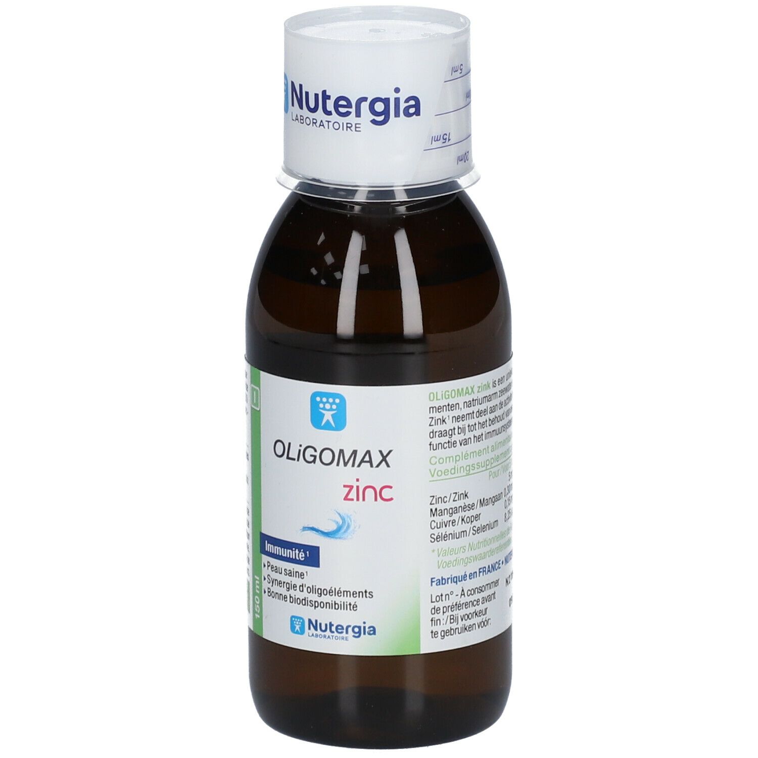 Flacon en verre brun avec bouchon blanc. Étiquette avec Oligomax zinc. Marque: Nutergia. 150 ml.