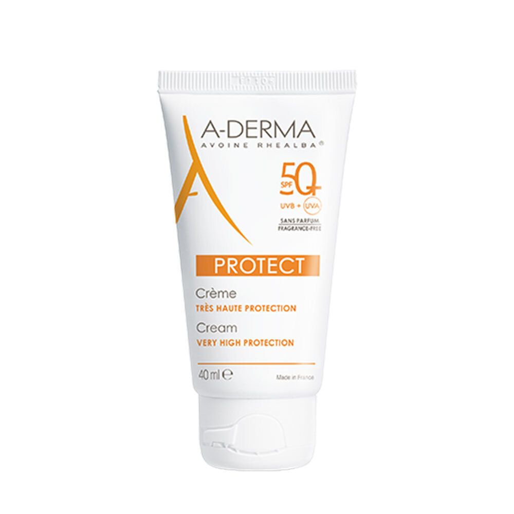 Weiße Tube mit A-DERMA-Logo und SPF 50+ Aufdruck. Enthält Creme. 40 ml.