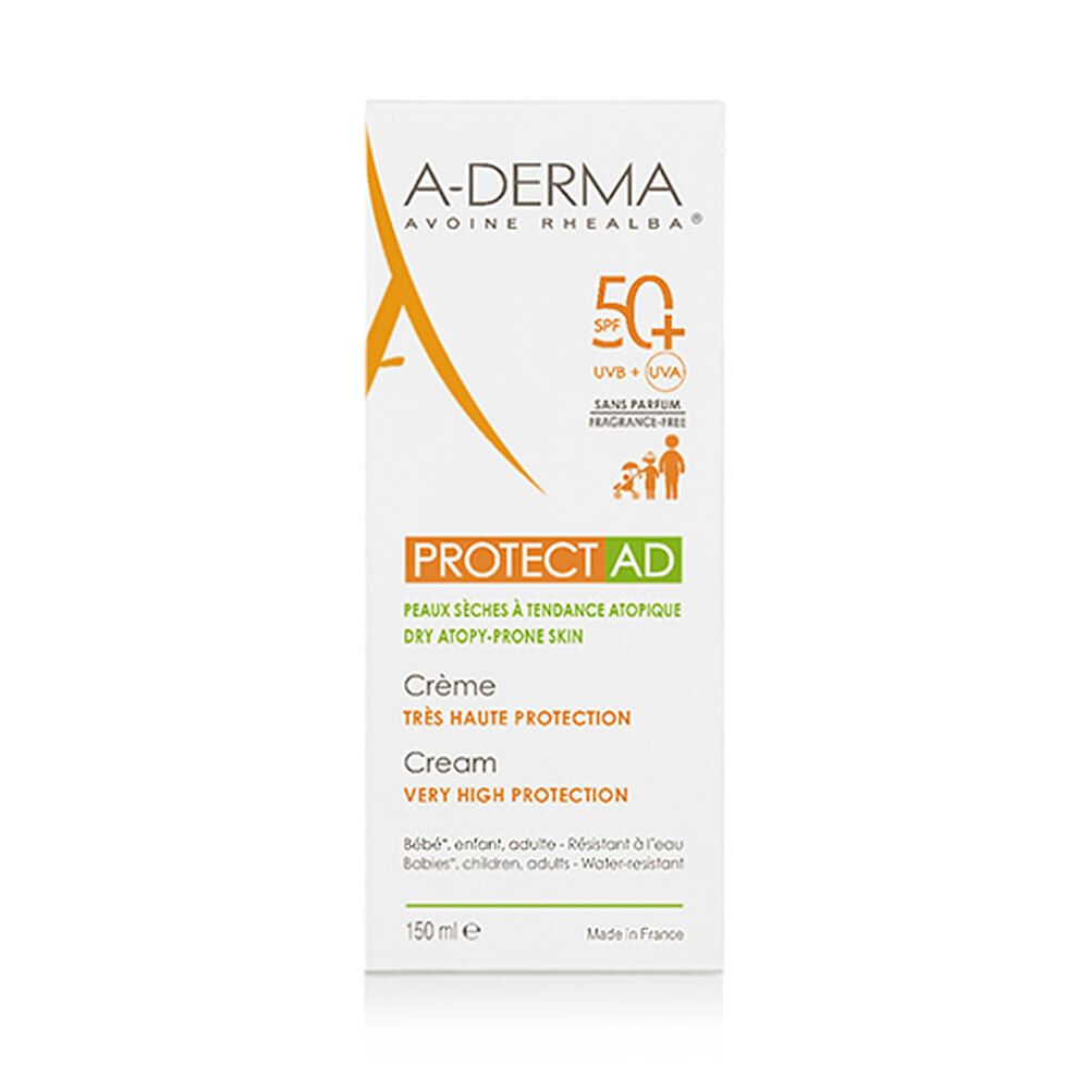 A-Derma Protect AD SPF 50+ Crème. Tube blanche avec logo et texte orange. Pour peaux sèches à tendance atopique.