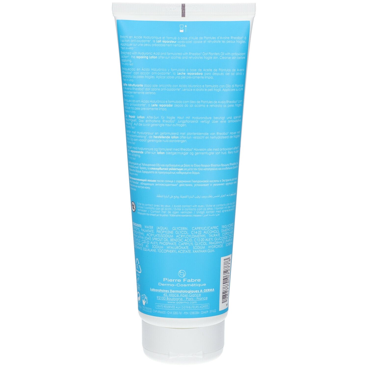 Dos du tube A-Derma Protect AH. Fond bleu clair avec texte. Bouchon à vis blanc.
