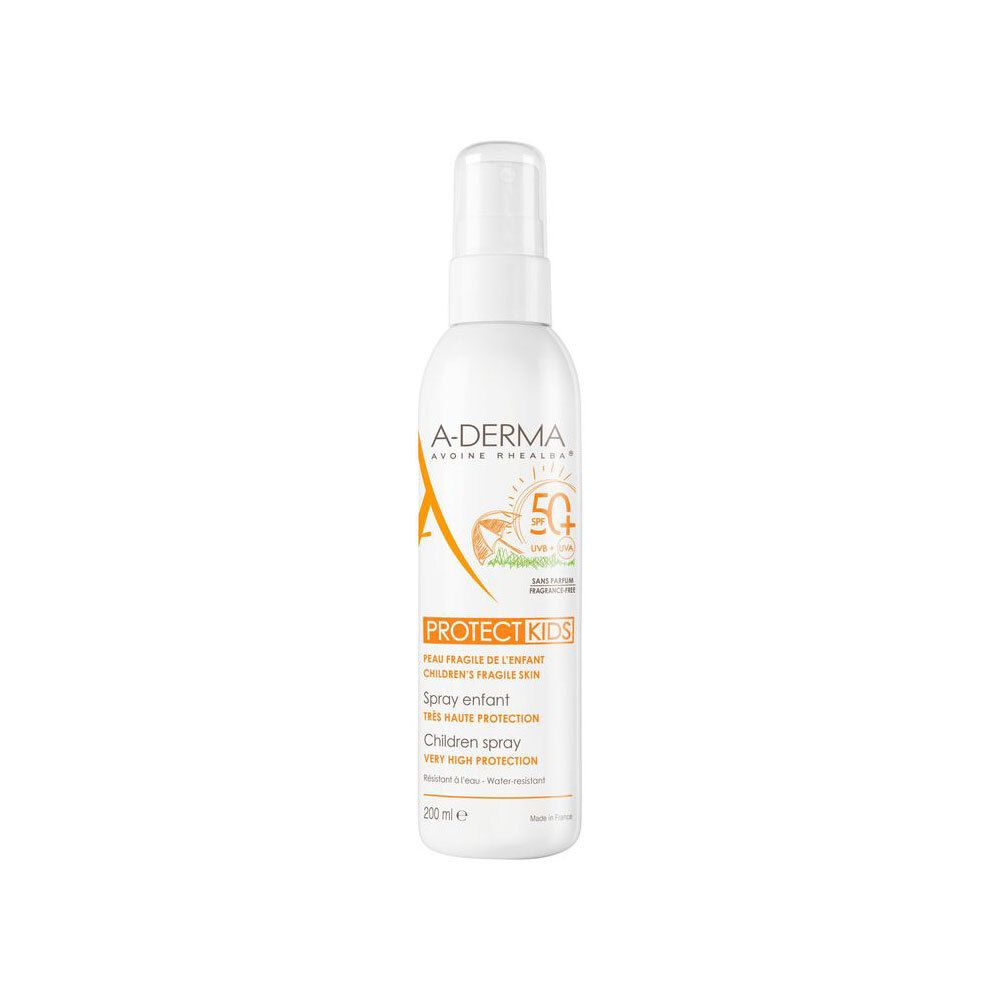 Spray solaire enfants A-Derma SPF 50+. Flacon blanc avec vaporisateur. Texte et logo.