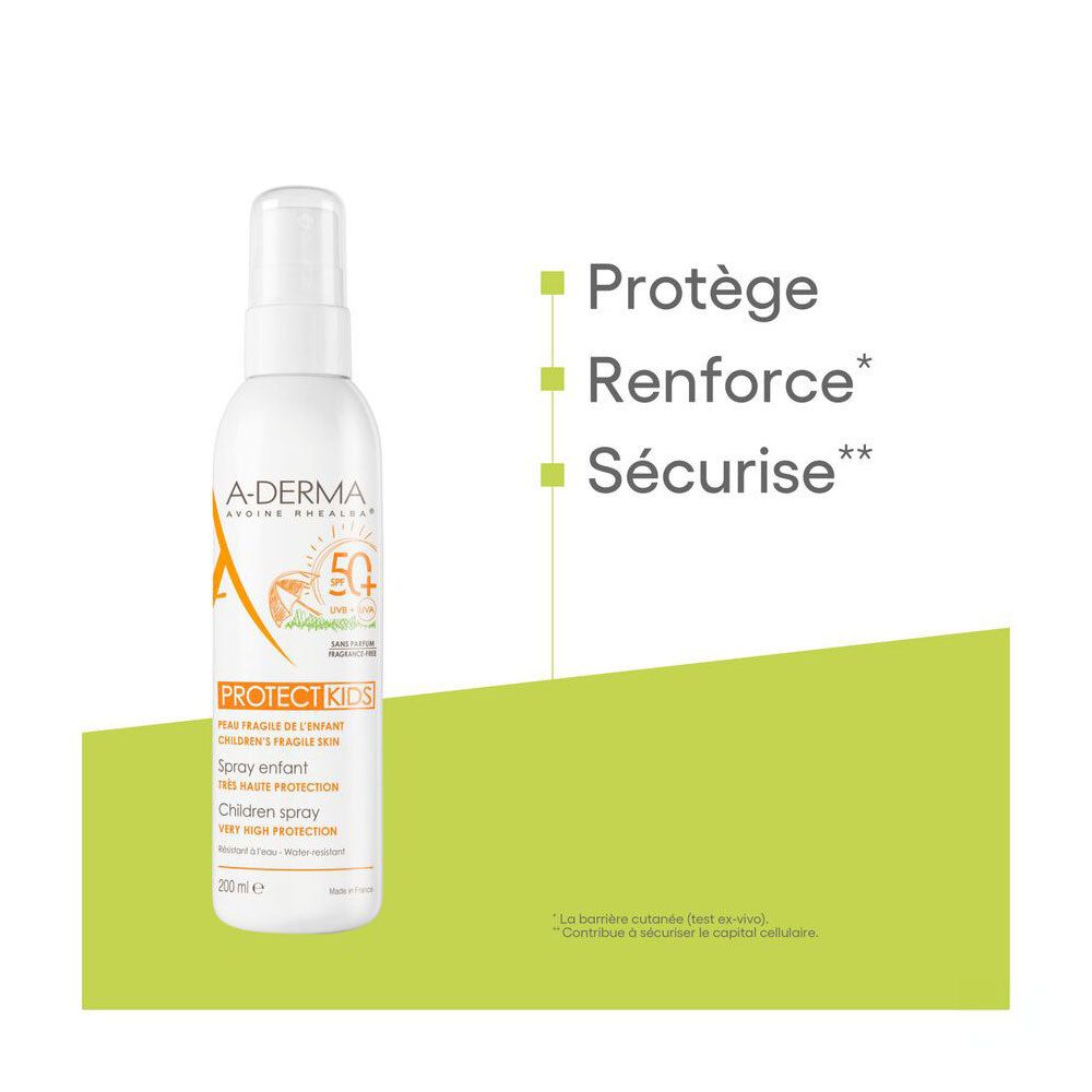 Spray solaire enfants A-Derma SPF 50+. Flacon blanc avec vaporisateur. Texte et logo.