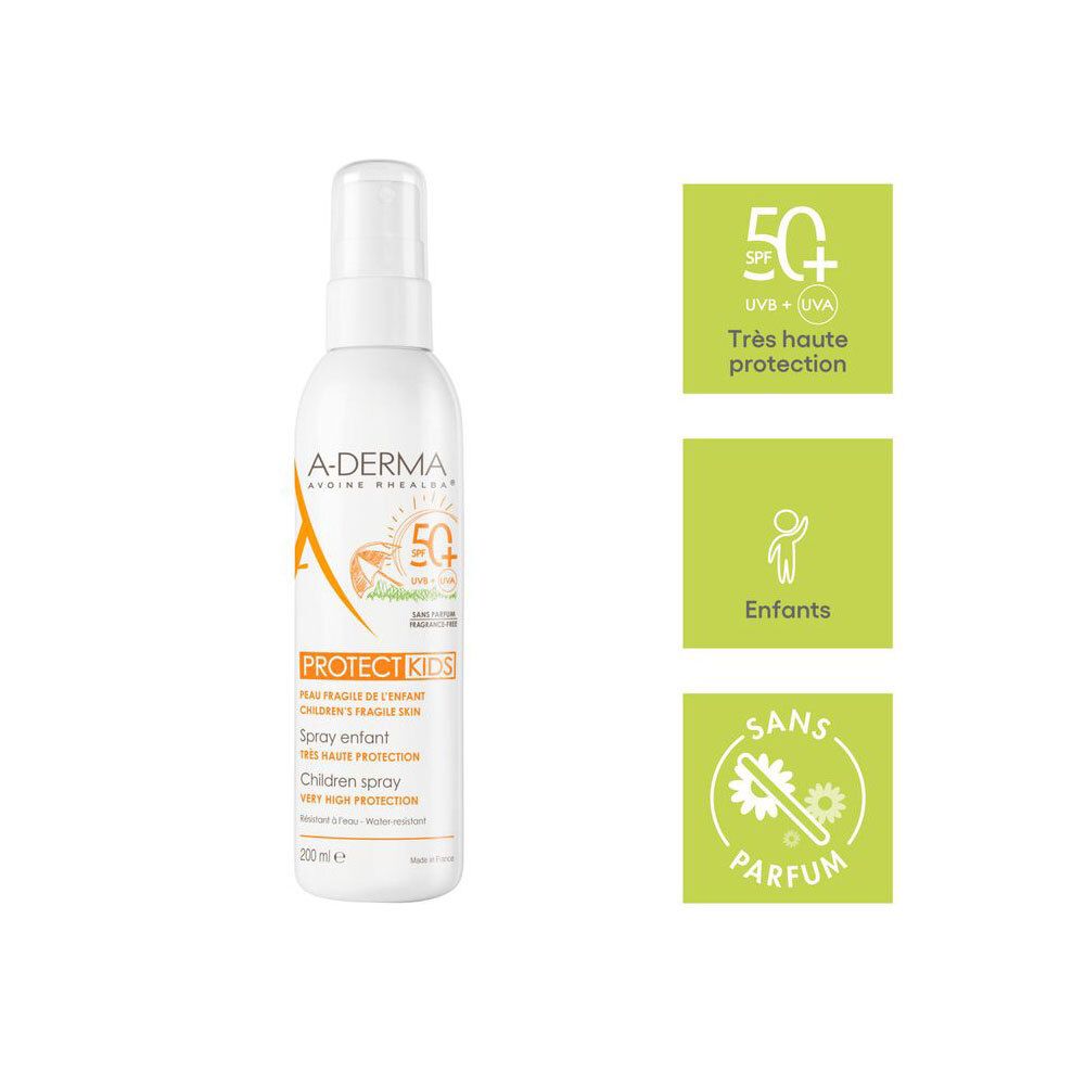 Spray solaire enfants A-Derma SPF 50+. Flacon blanc avec vaporisateur. Texte et logo.