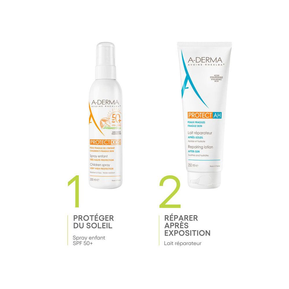 Spray solaire enfants A-Derma SPF 50+. Flacon blanc avec vaporisateur. Texte et logo.