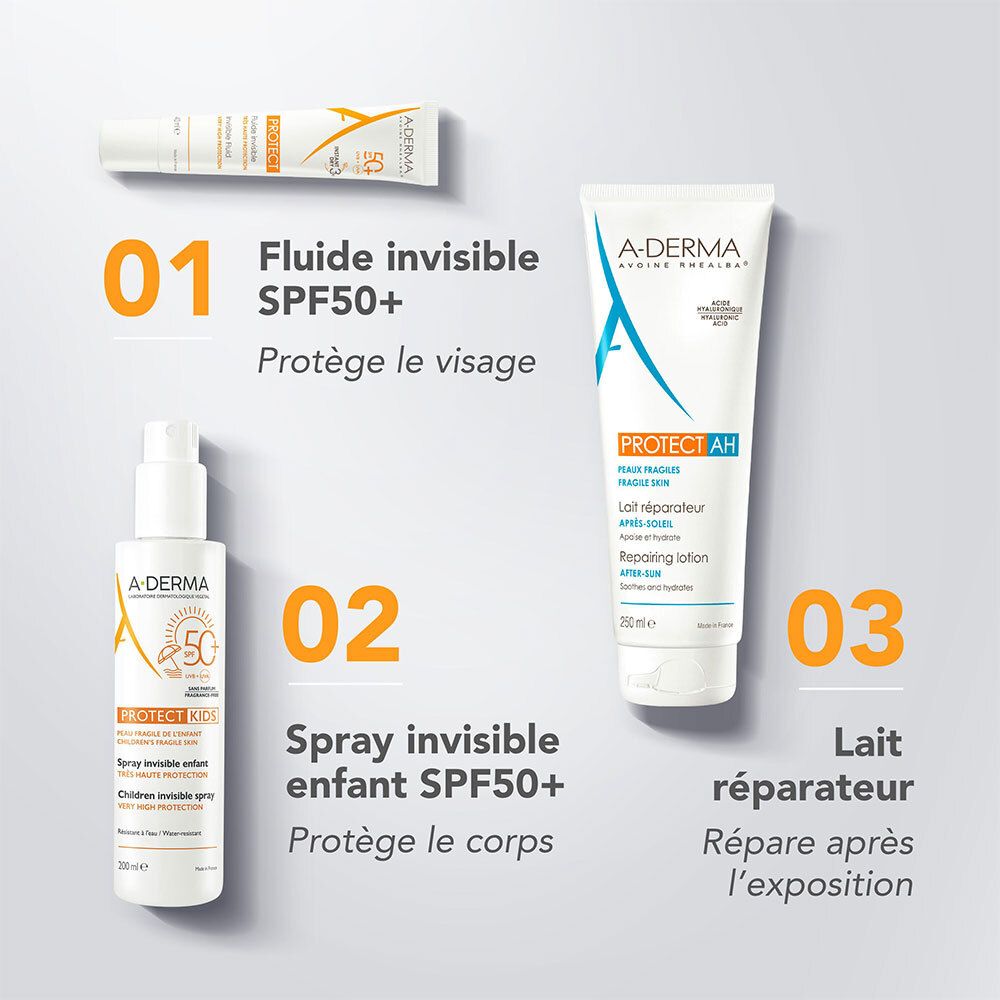 Spray solaire enfants A-Derma SPF 50+. Flacon blanc avec vaporisateur. Texte et logo.