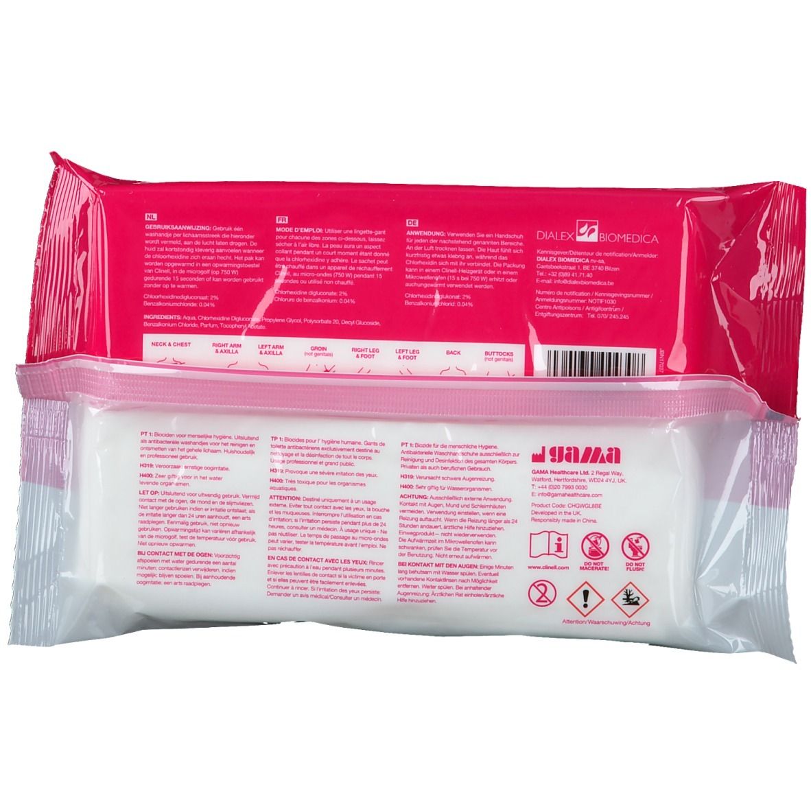 Dos du paquet de gants de toilette. Fond rose avec texte. Gants visibles dans un emballage transparent.