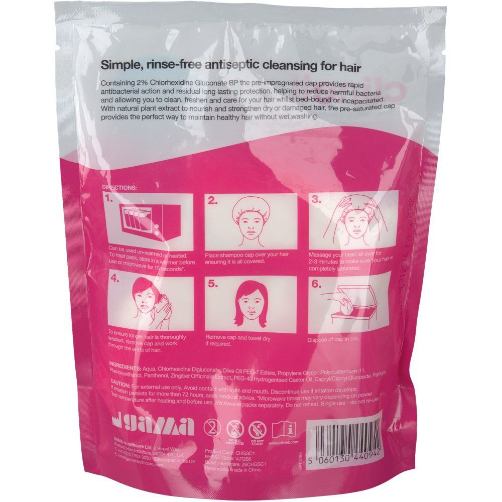 Verpackung mit Chlorhexidin-Shampoo-Kappe. Rosa-weiße Folie mit Anwendungsanleitung und Produktinformationen.