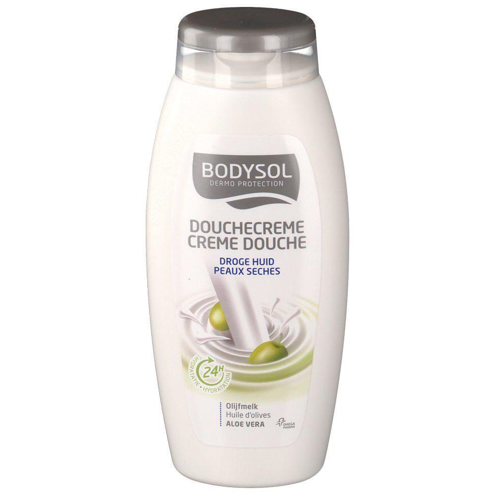 Flacon de crème de douche Bodysol blanc avec bouchon gris. Inscription: Dermo Protection, Douchecreme, Peaux Seches. Illustration d'olives.