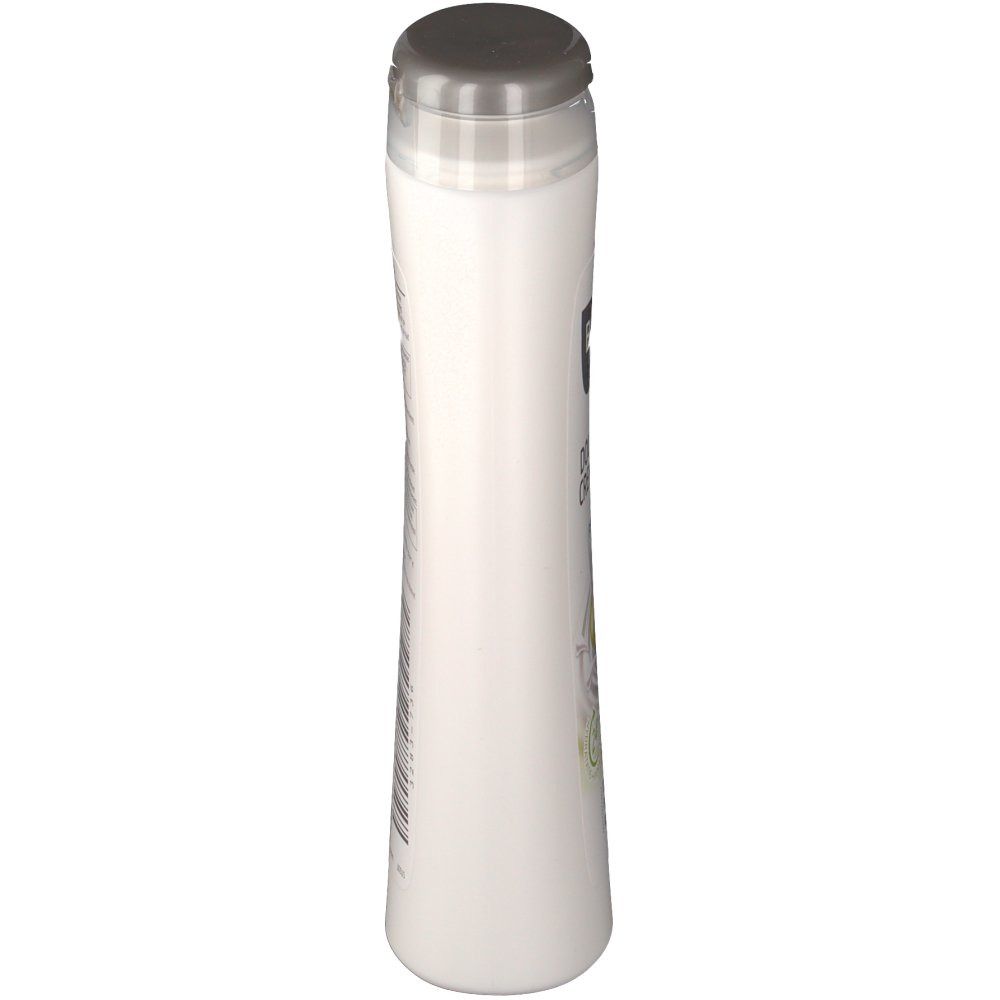 Flacon Bodysol blanc et élancé avec bouchon gris. Vue latérale. Étiquette avec texte et illustrations.