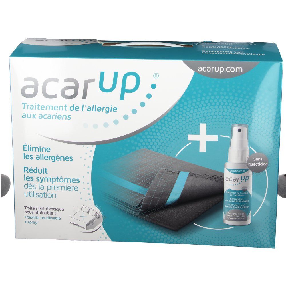 Boîte Acar'Up avec linges et spray. Traitement de l'allergie aux acariens. Élimine les allergènes, réduit les symptômes.