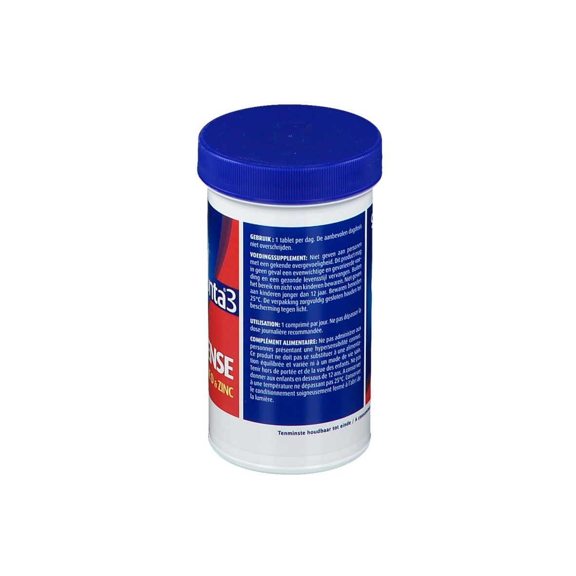 Cilindrische witte fles met blauwe dop. Opschrift: Omnibionta3 Defense + Vitamine D & Zink.