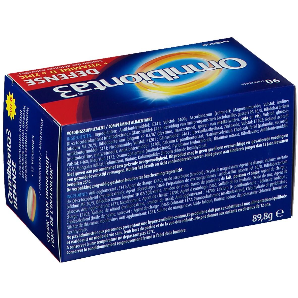 Blauw-witte doos Omnibionta3 Defense. Bevat 90 tabletten. Opschrift: Vitamine D & Zink. Ingrediënten op achterkant.
