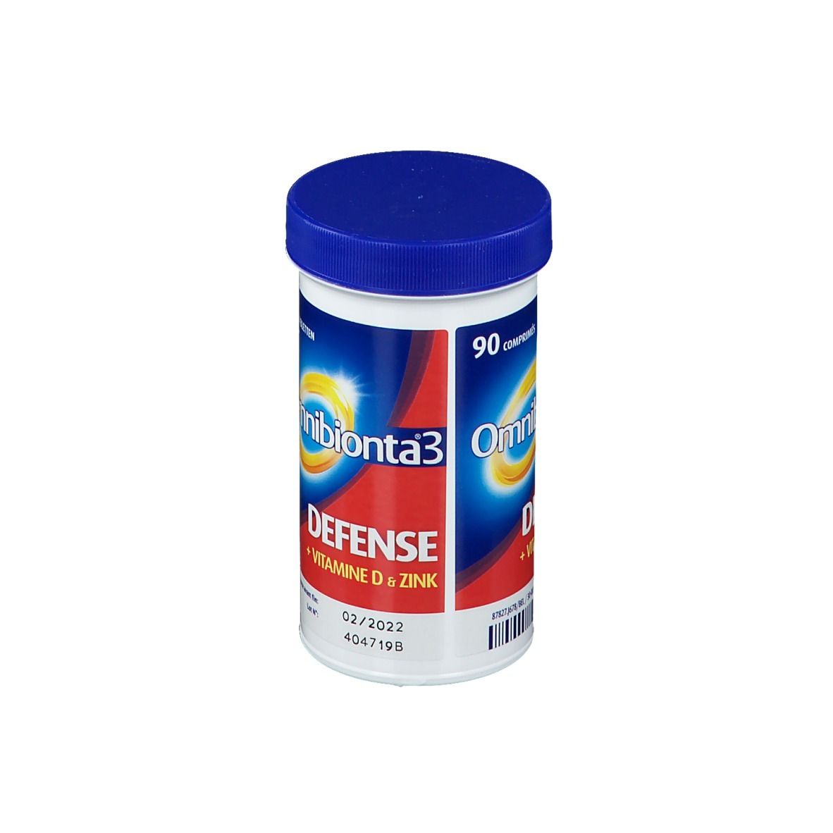 Cilindrische witte fles met blauwe dop. Opschrift: Omnibionta3 Defense + Vitamine D & Zink. 90 tabletten.