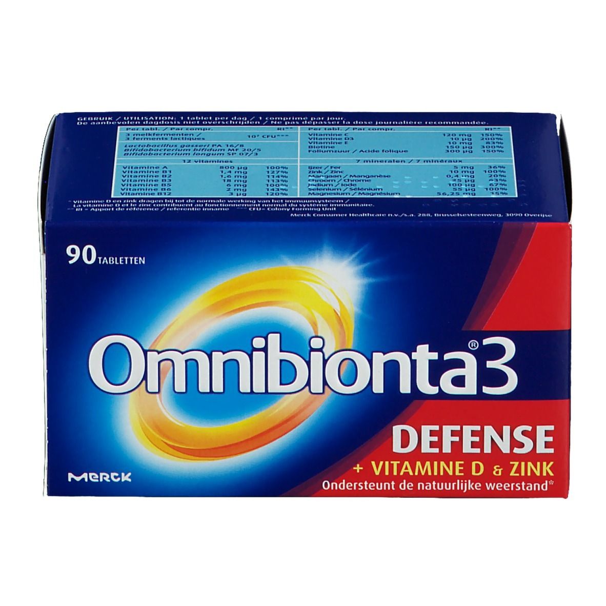 Blauw-witte doos Omnibionta3 Defense. Bevat 90 tabletten. Opschrift: Vitamine D & Zink. Merck logo.