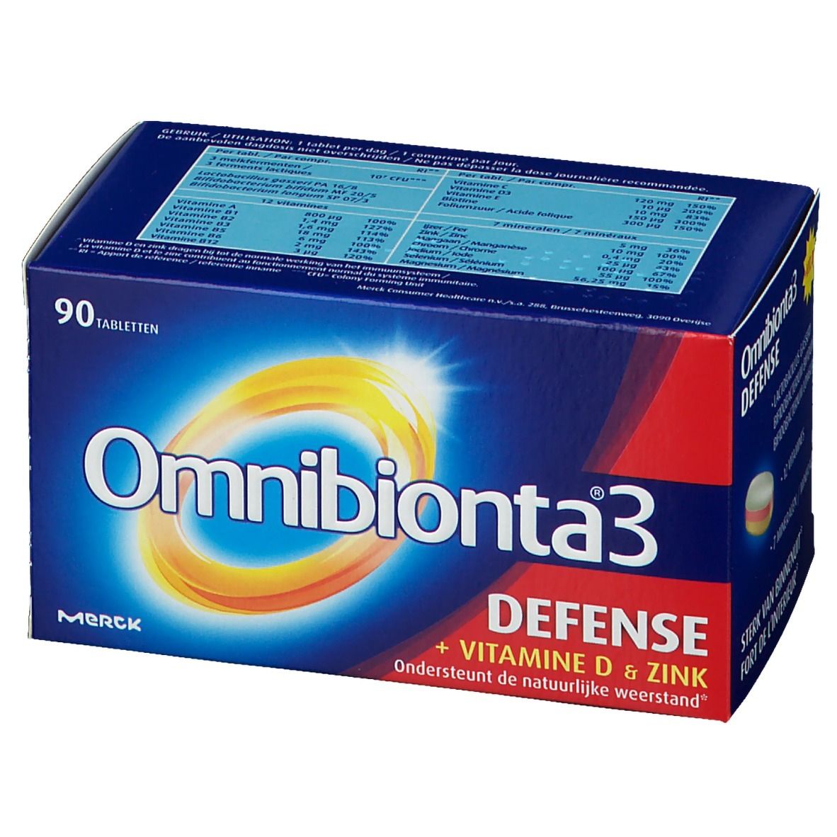 Blauw-witte doos Omnibionta3 Defense. Bevat 90 tabletten. Opschrift: Vitamine D & Zink. Merck logo.