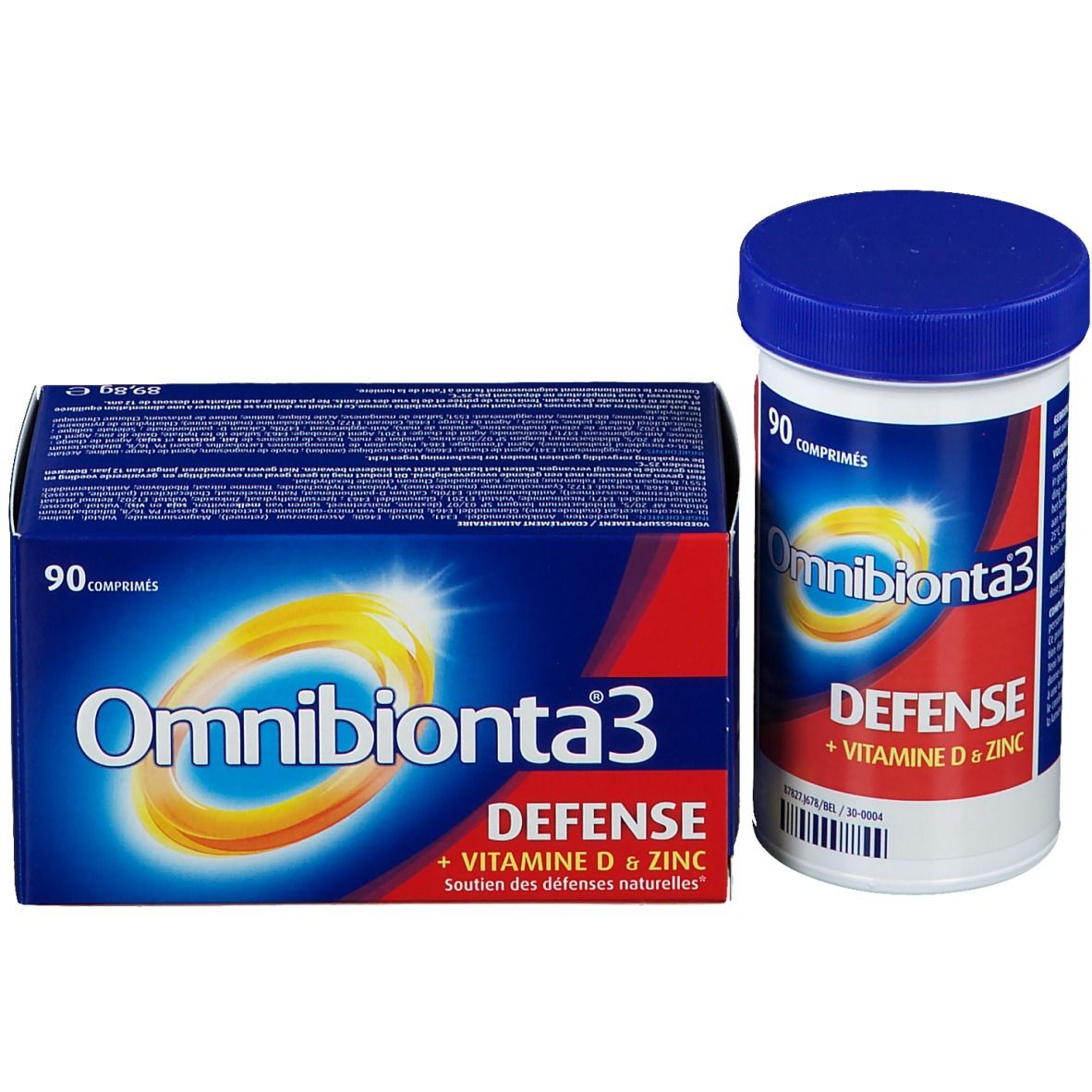 Doos en fles Omnibionta3 Defense. Opschrift: Vitamine D & Zink. 90 tabletten.