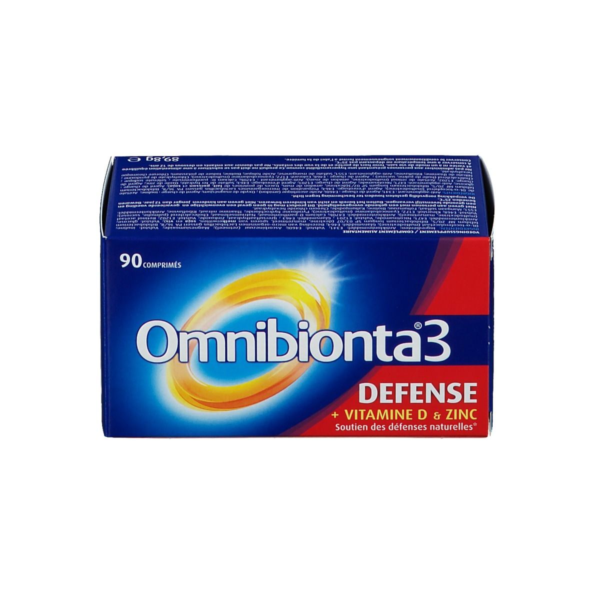 Blauw-witte doos Omnibionta3 Defense. Bevat 90 tabletten. Opschrift: Vitamine D & Zink. Merck logo.
