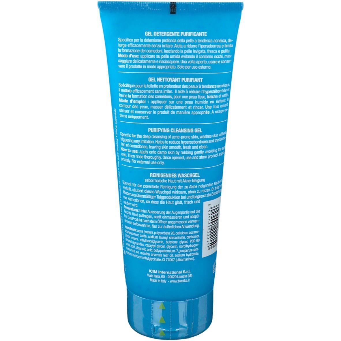 Blauwgroene tube. Meertalige tekst. Opschrift: Zuiverende reinigingsgel.