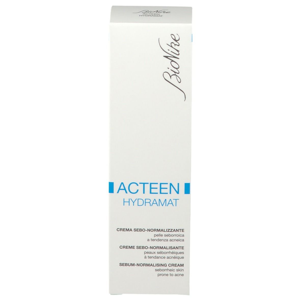 Emballage blanc avec inscription bleue ACTEEN Hydramat. Texte: Crème sébo-normalisante. Marque: BioNike.