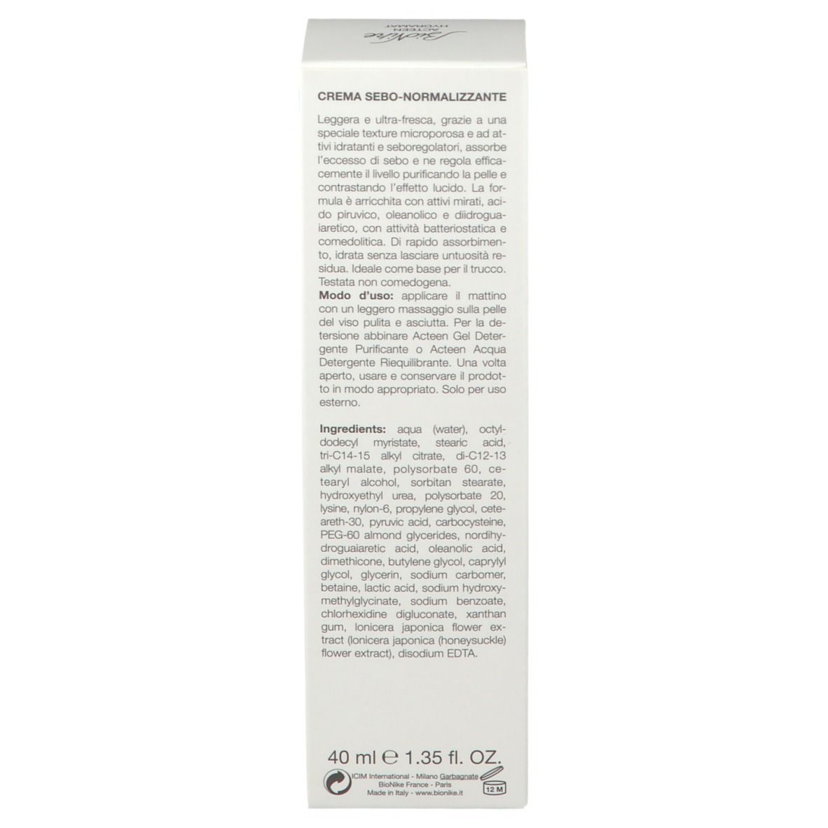 Emballage avec texte: Crème sébo-normalisante. Texte: Ingrédients. Marque: BioNike.