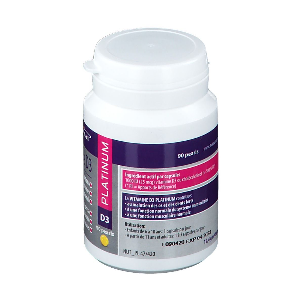 MannaVital Vitamine D3 Platin-Perlen. Flacon blanc avec étiquette. Contient 90 perles. Vue arrière.