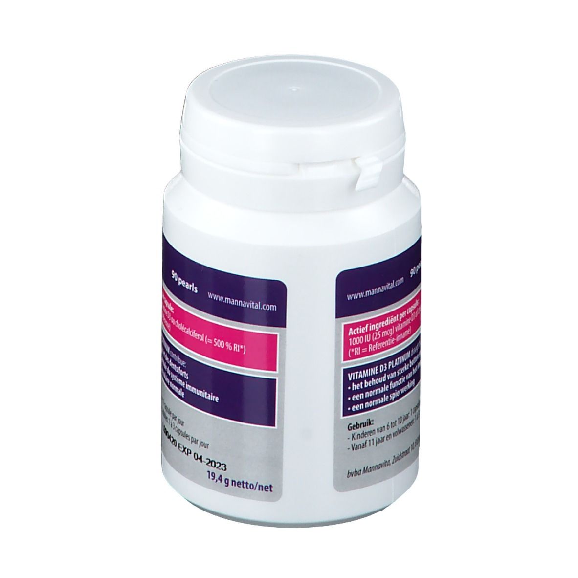MannaVital Vitamine D3 Platin-Perlen. Flacon blanc avec étiquette. Contient 90 perles. Vue arrière.