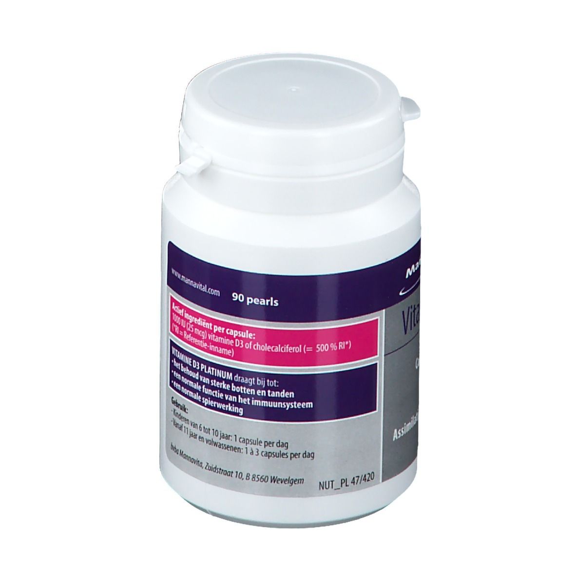 MannaVital Vitamine D3 Platin-Perlen. Flacon blanc avec étiquette. Contient 90 perles. Vue arrière.