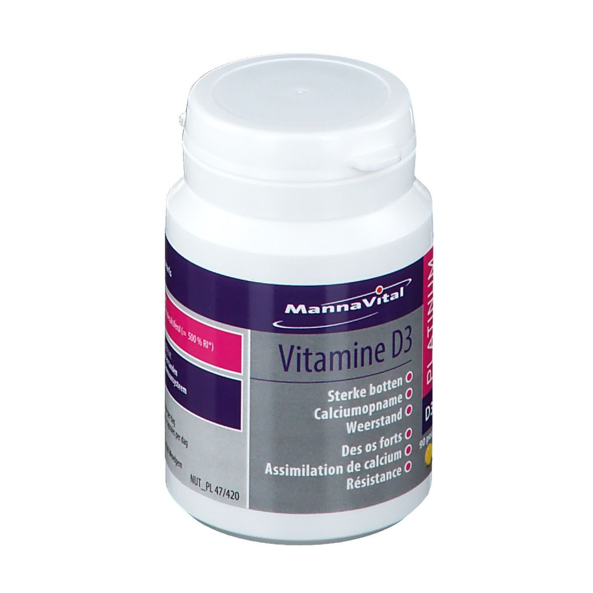 MannaVital Vitamine D3 Platin-Perlen. Flacon blanc avec étiquette violette et rose. Contient 90 perles.