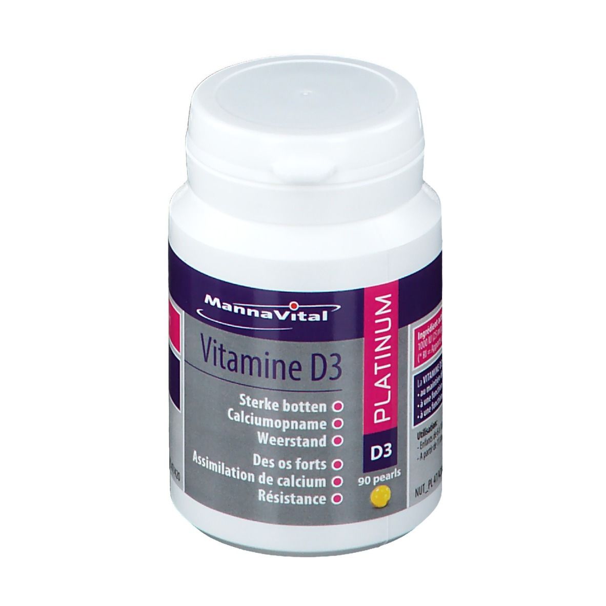 MannaVital Vitamine D3 Platin-Perlen. Flacon blanc avec étiquette violette et rose. Contient 90 perles.