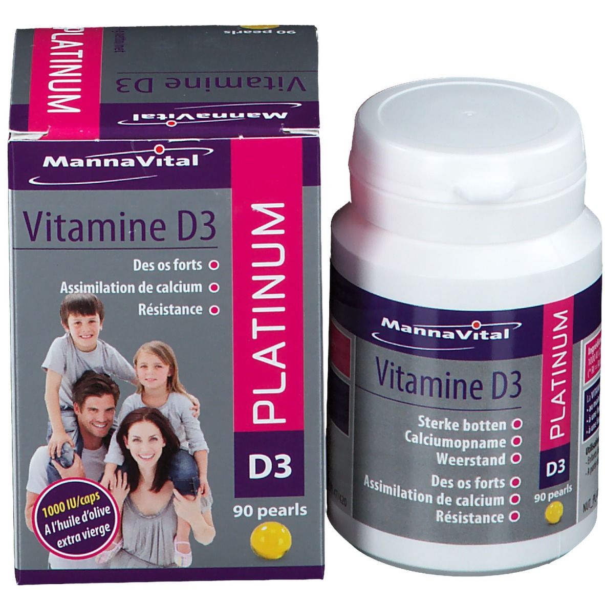 MannaVital Vitamine D3 Platin-Perlen et emballage. Flacon et boîte avec étiquettes. Contient 90 perles.