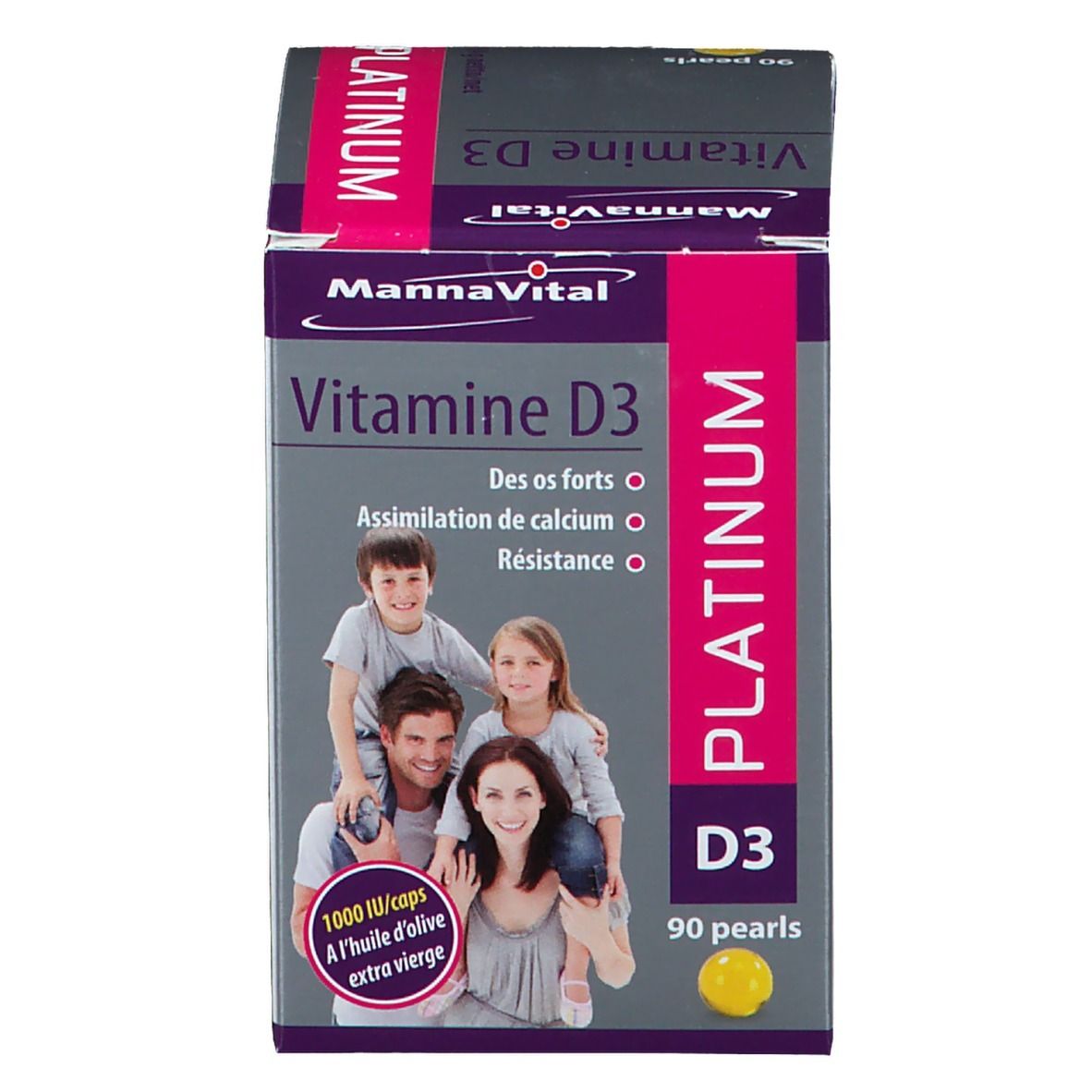 MannaVital Vitamine D3 Platin-Perlen. Emballage avec image du produit. Contient 90 perles.