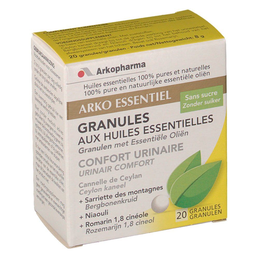Boîte de granulés Arko Essentiel Confort Urinaire. Inscription : 20 granulés. Contient des huiles essentielles.