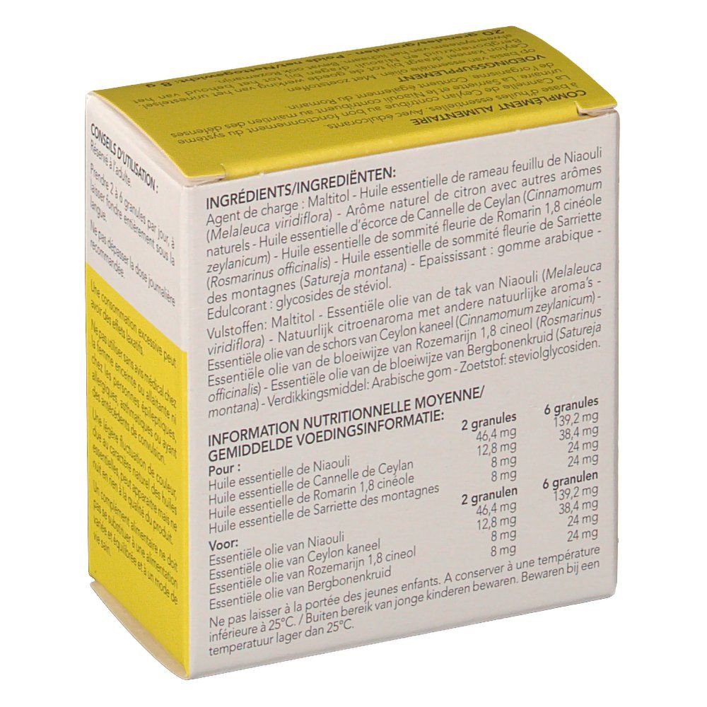 Boîte de granulés Arko Essentiel, détails des ingrédients et valeurs nutritionnelles. Contient 20 granulés.