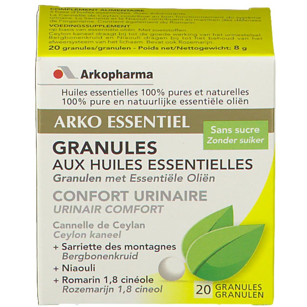 Boîte de granulés Arko Essentiel Confort Urinaire. Inscription : 20 granulés. Sans sucre.