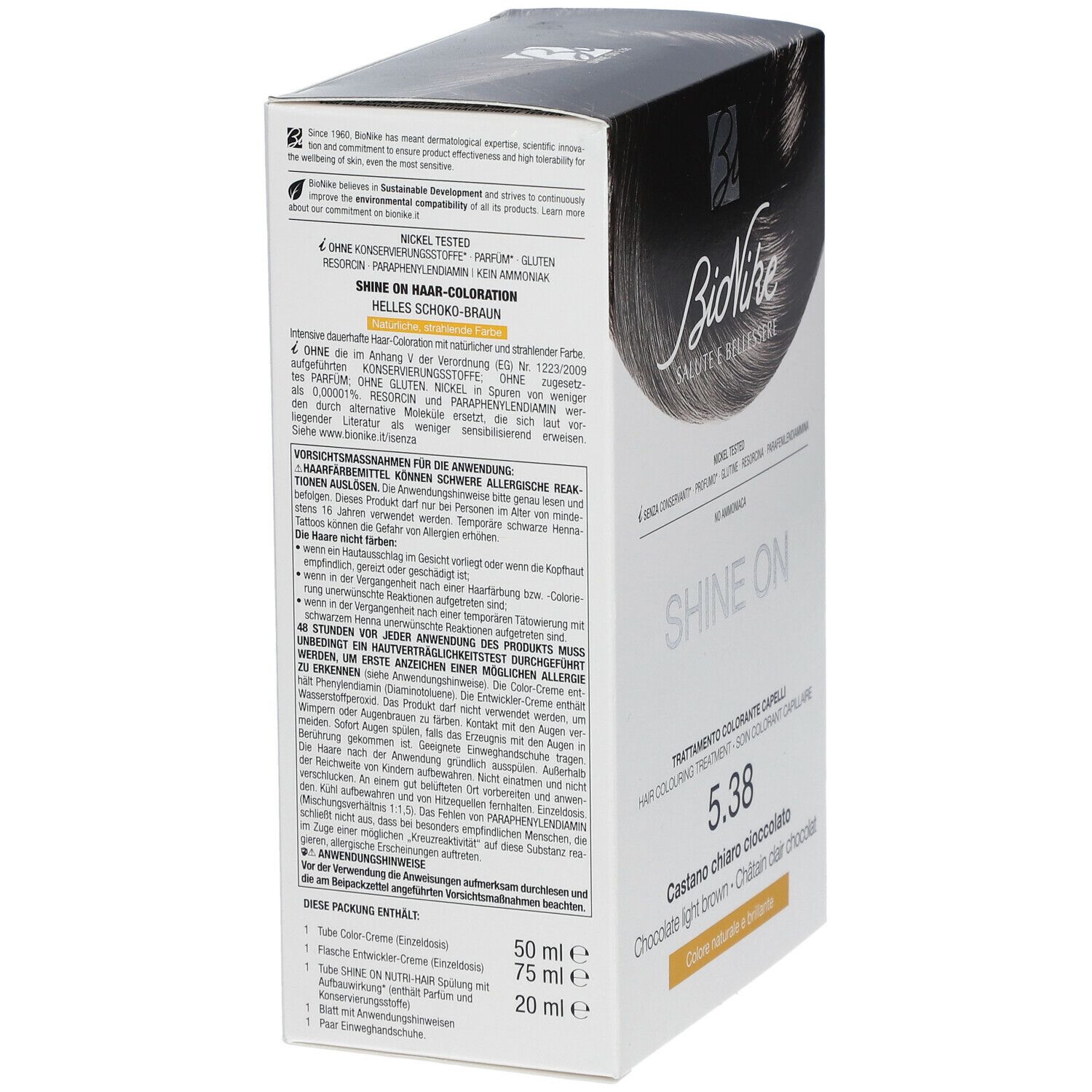 BioNike SHINE ON 5.38 verpakking. Zijaanzicht met tekst in verschillende talen. Productnaam en tint.