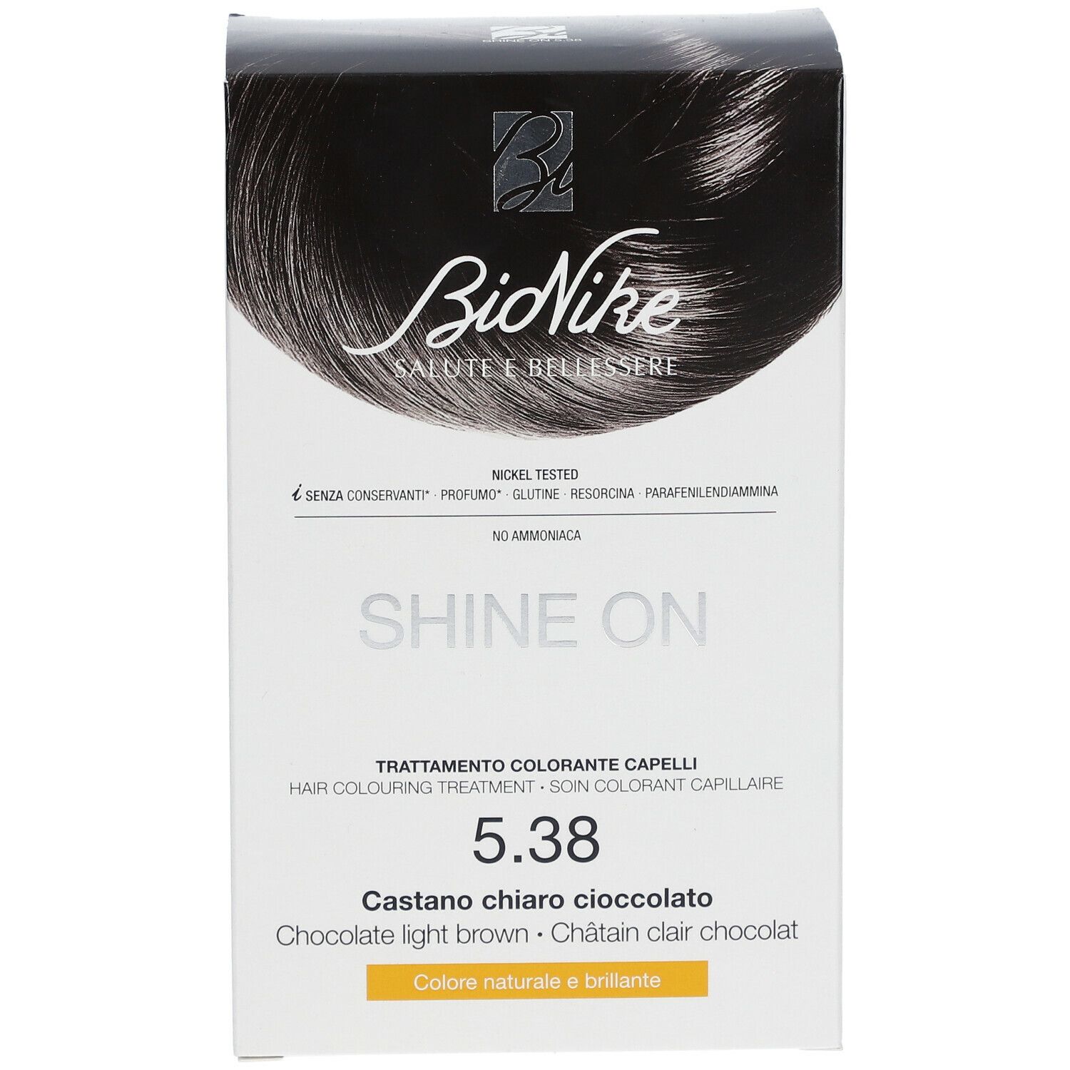 BioNike SHINE ON 5.38 verpakking. Witte doos met productafbeelding en tekst. Kleur: kastanjebruin chocolade.