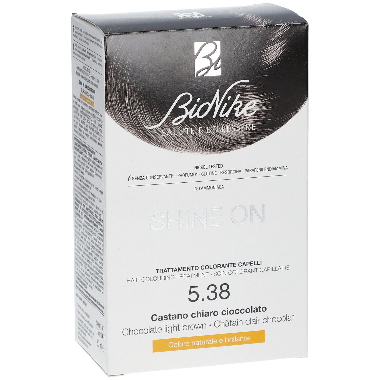 BioNike SHINE ON verpakking. Witte doos met productafbeelding en tekst. Kleur: kastanjebruin chocolade.