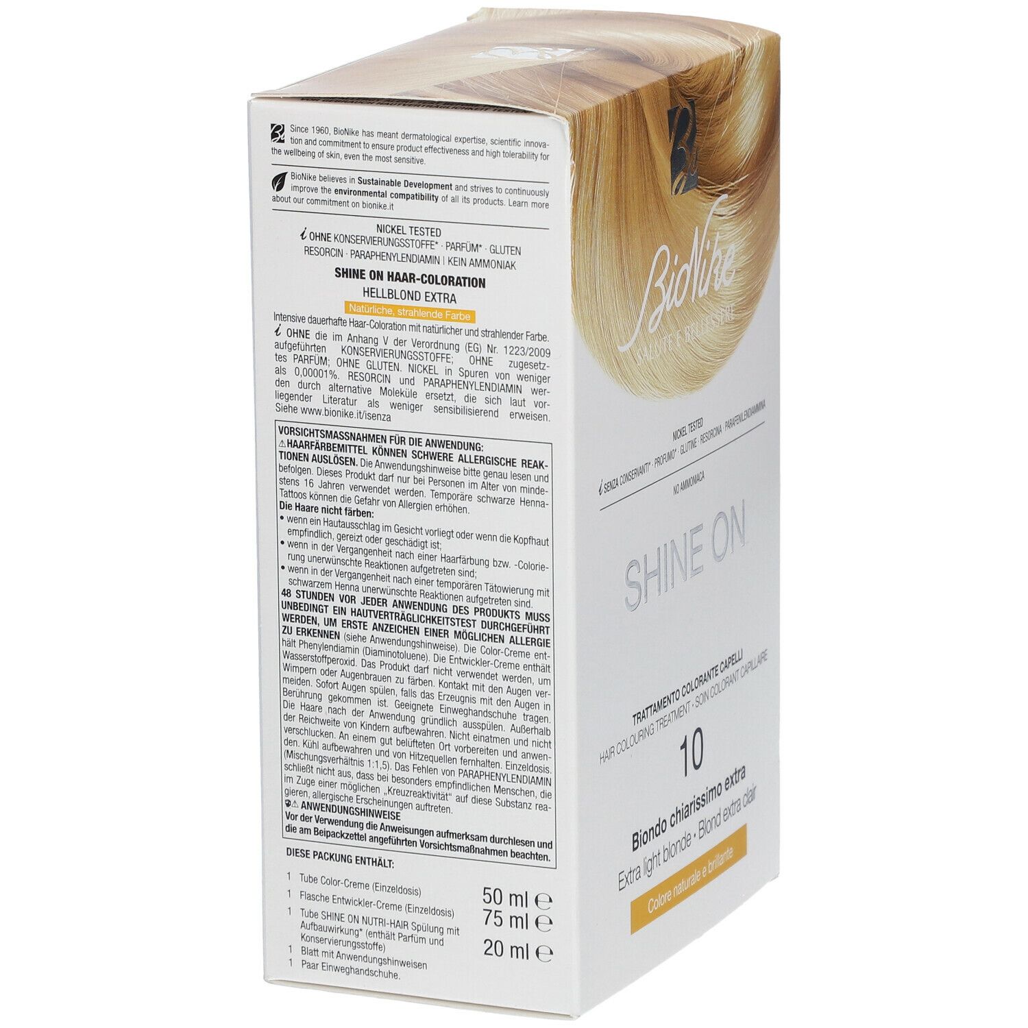 BioNike SHINE ON Haarfärbepflege 10, Verpackung schräg. Text: 10, Blond extra hell. Inhaltsstoffe und Anwendungshinweise. Nickel getestet.