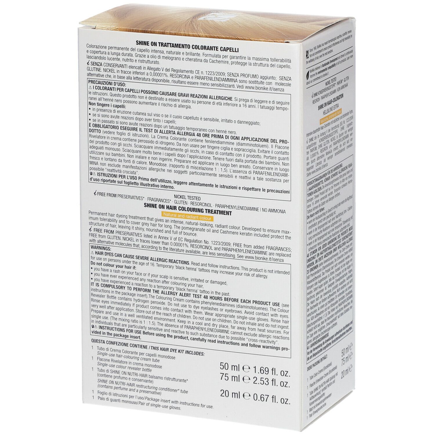 BioNike SHINE ON 10 Verpackung, Rückseite. Text: Inhaltsstoffe, Anwendungshinweise, Warnhinweise. Nickel getestet. Ohne Ammoniak.