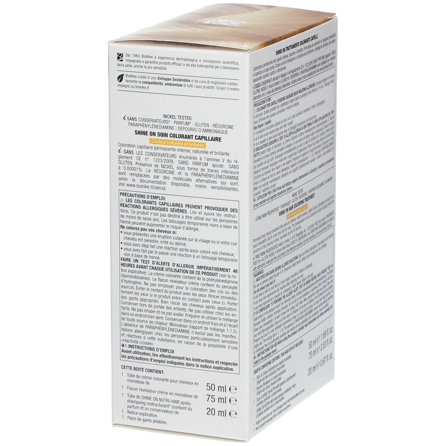 BioNike SHINE ON 10 Verpackung, Rückseite. Text: Inhaltsstoffe, Anwendungshinweise, Warnhinweise. Nickel getestet. Ohne Ammoniak.