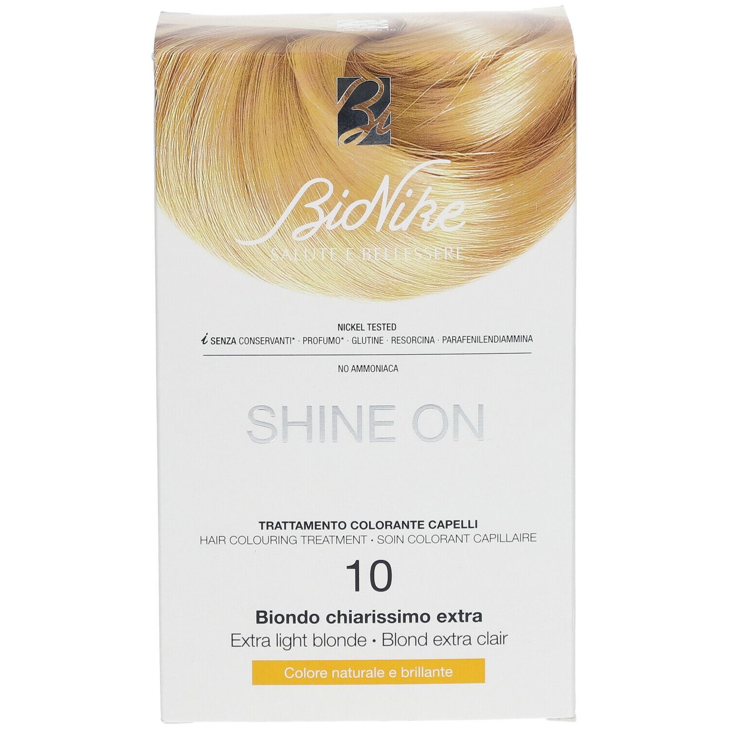 BioNike SHINE ON Haarfärbepflege 10, blonde Haarsträhne auf Verpackung. Text: 10, Blond extra hell. Ohne Ammoniak, Nickel getestet.