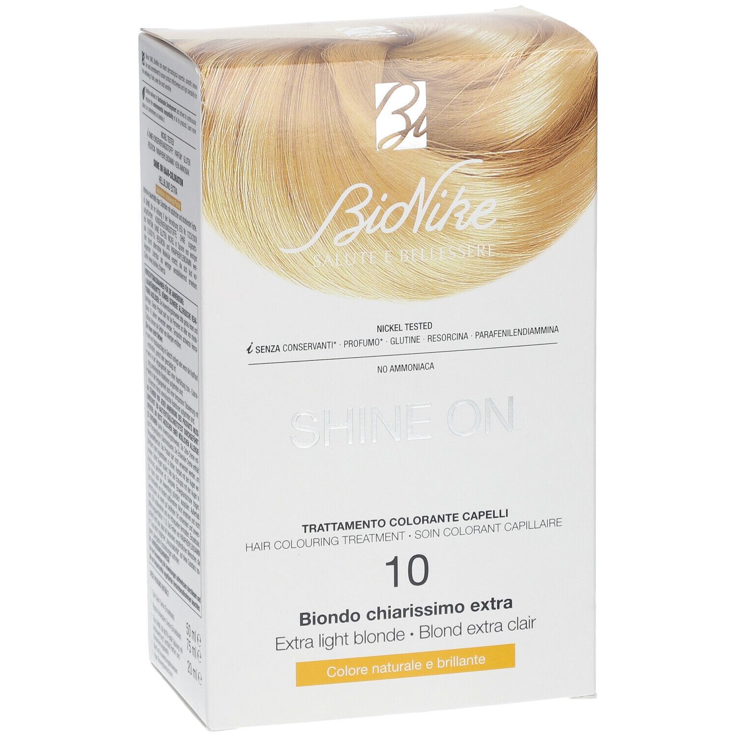 BioNike SHINE ON Haarfärbepflege 10, Verpackung schräg. Text: 10, Blond extra hell. Ohne Ammoniak, Nickel getestet.