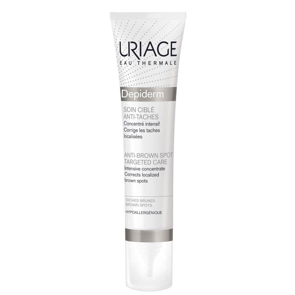 Witte tube met Uriage-logo en productnaam. Tekst: 'Soin Cible Anti-Taches'.