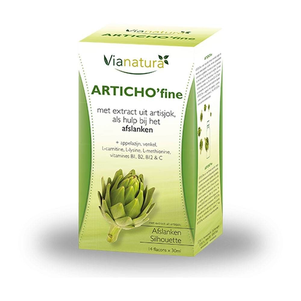 Boîte ViaNatura ARTICHO'fine avec artichaut. Ingrédients et informations en néerlandais. Silhouette et 14 flacons de 30ml.